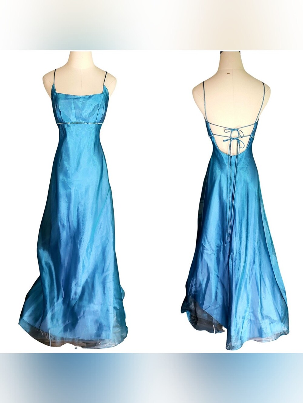 Faviana Blue Satin Slip Gown Aroraborialis Like Rheinstone Sqare Lace-Up Back 4